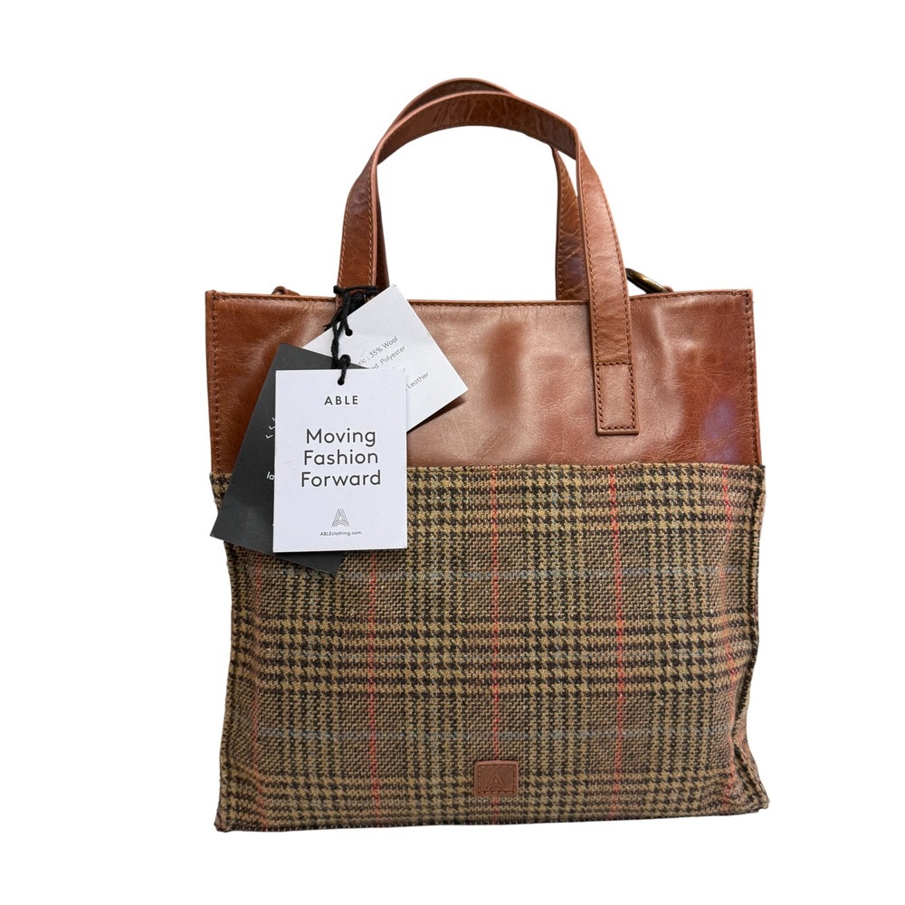New ABLE Women's Tote Bag Leather Tweed Plaid Brown Tan‎ Convertible Top Handle